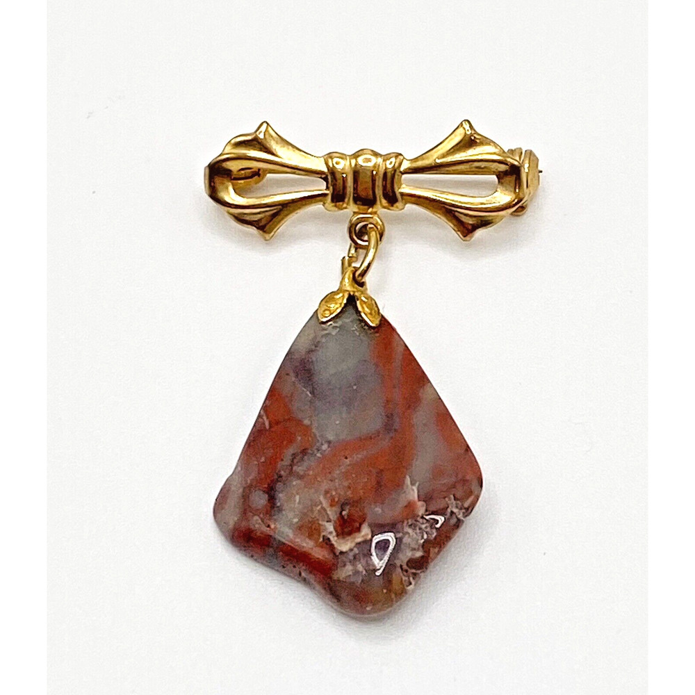 Vintage Agate Stone Gold Tone Dangle Bow Brooch Natural Gray Maroon Retro 1.5"
